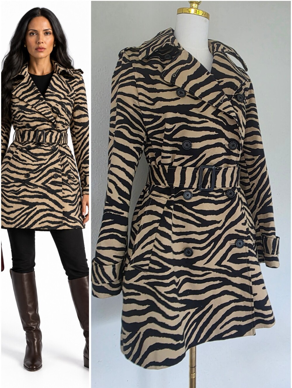 Lauren Ralph Lauren Zebra Print Belted Cotton Trench Coat Black Tan M